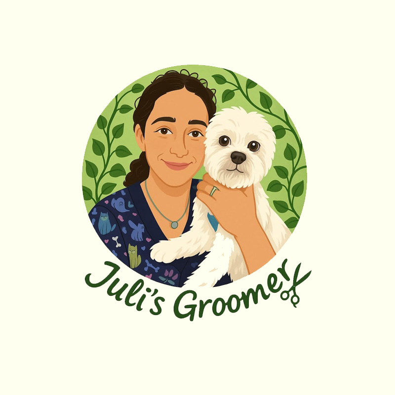 Logótipo ilustrado da Juli’s Groomer com Julieta e um cão branco